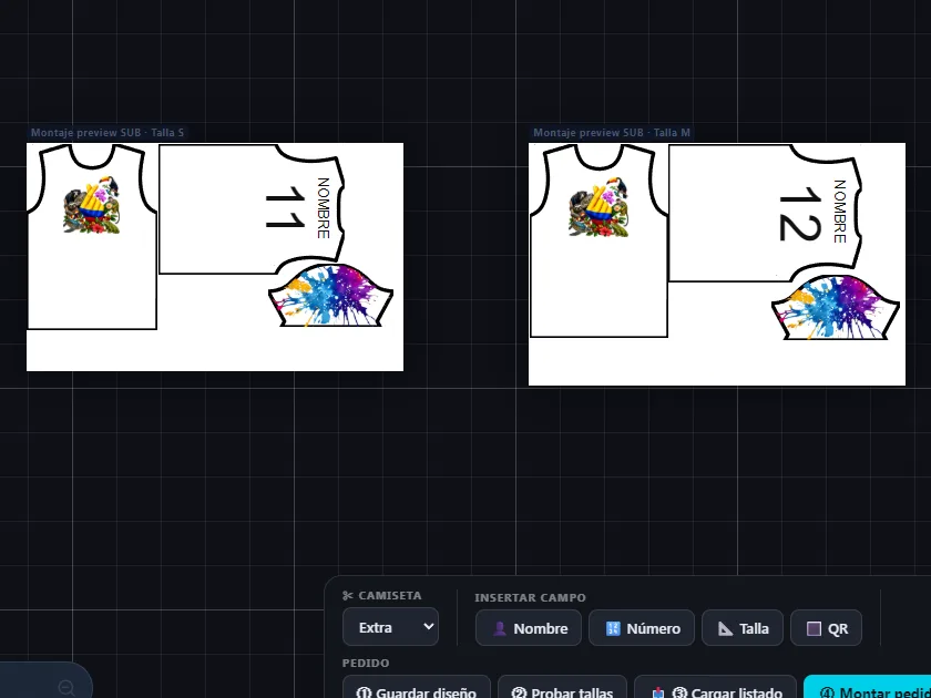 Montajes Pro con moldes de camiseta por talla, cada uno con su número y el diseño recortado a la pieza
